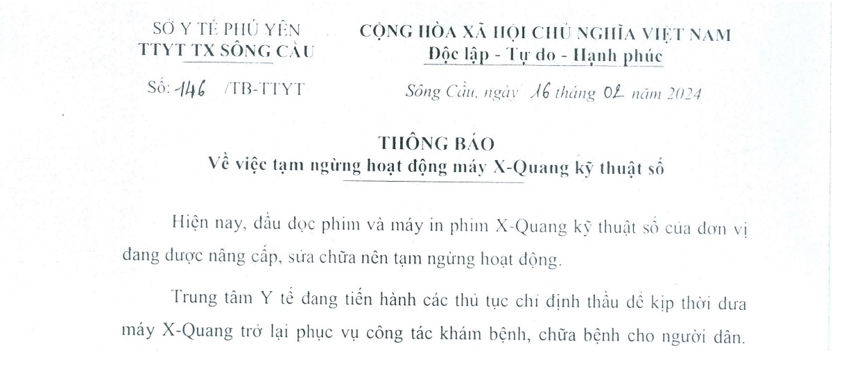 Thông báo tạm ngừng hoạt động máy X-Quang kỹ thuật số